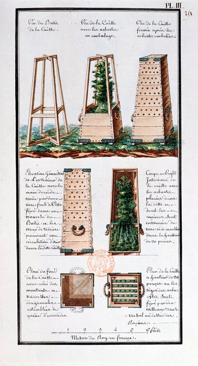 Illustration eines speziellen Schranks für den Transport von Sträuchern und Büschen, aus dem Notizbuch des Künstlers während der Expeditionen von Jean-Francois Gallup de la Perouse (1741-88) von Gaspard Duche de Vancy